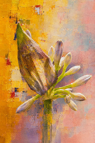 Botanische Mixed-Media-Kunst: Agapanthus-Knospe in sonnigen Farbtönen