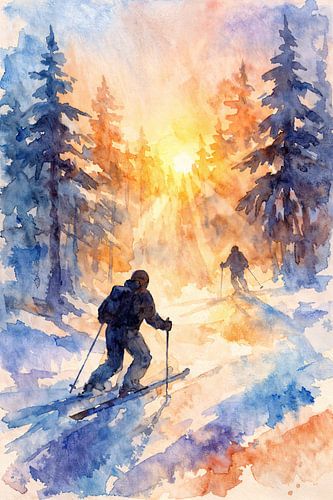 Winterse afdaling tussen besneeuwde dennenbomen (AI) (skiën, snowboarden, off piste, wintersport, outdoor, mist, vorst, sneeuw)