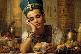 Cleopatra with a hamburger – A humorous classic painting in gold and blue by Peter Pen Drawings and Paintings