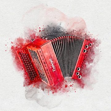 Peinture à l'aquarelle de l'accordéon rouge sur Andreea Eva Herczegh
