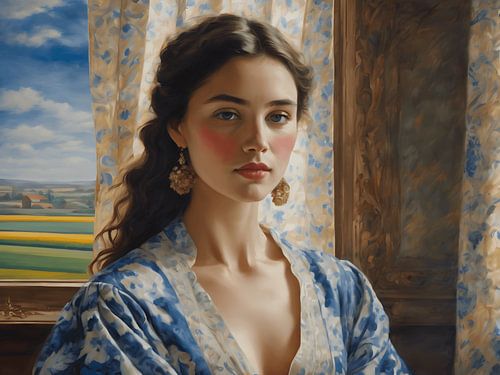 Een portret van een dame in een delfts blauw jurk