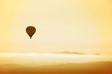 Luchtballon over Bergen in de mist van de dageraad van Catalina Morales Gonzalez