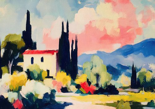 Abstract landschap met huis en cipressen