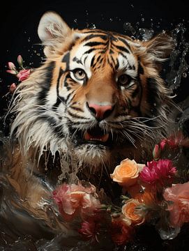 Flowers with Tiger by Eva Lee