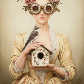 Portrait surréaliste d'une femme avec un nichoir sur But First Framing