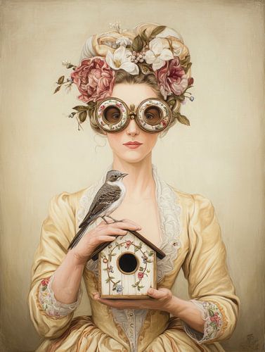 Surrealistic portrait of a woman with a birdhouse by But First Framing