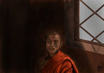 Boeddhistische kindermonnik olieverf van JSM