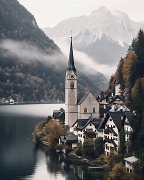 Uitzicht over de kerk en het meer in de herfst van fernlichtsicht