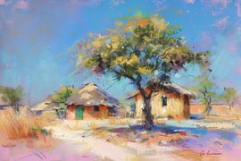 Landschaft mit Hütten und Bäumen – farbenfrohes Dorfbild