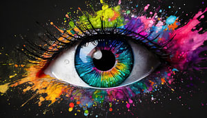 ein buntes Auge mit Farbspritzern auf schwarzem Hintergrund