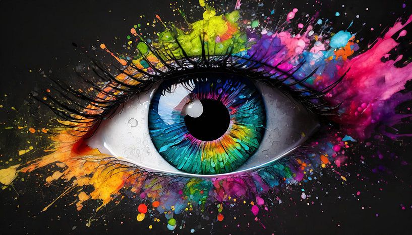un œil coloré avec des éclaboussures de peinture sur un fond noir par Animaflora PicsStock