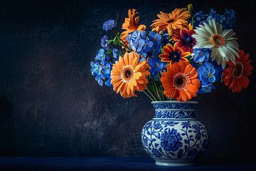 Elegante Bloemensamenstelling in Delfts Blauwe Vaas van De Muurdecoratie