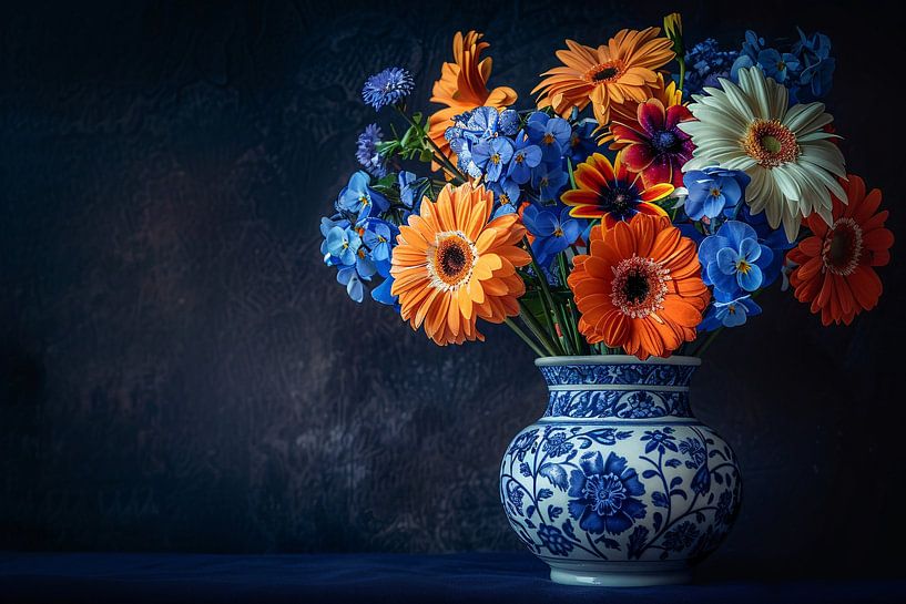 Elegant Flower Arrangement in Delft Blue Vase by Art & Soul Creations