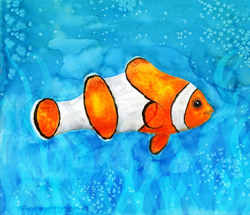 Een aquarel tekening van een anemoonvis