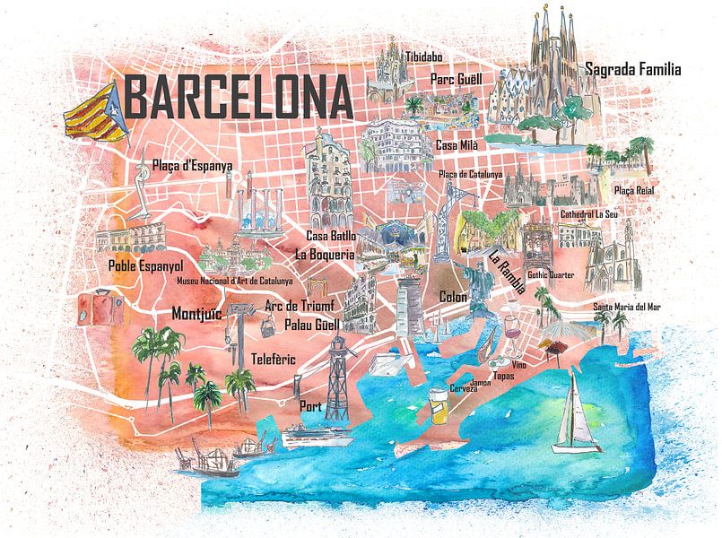 Barcelona Geïllustreerde reiskaart met de belangrijkste wegen, bezienswaardigheden en hoogtepunten v van Markus Bleichner