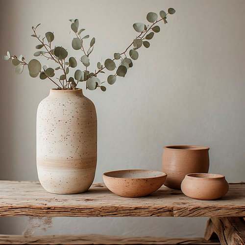 A still life of an earth-toned earthenware vase with eucalyptus branches.