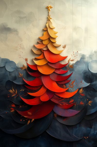 Gelaagde Vreugde - Abstracte Kerstboom in Warme Kleuren van Eva Lee