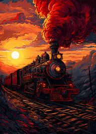 steam train illustration with sunset background by Juno Design