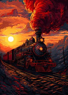illustratie stoomtrein met zonsondergang van Juno Design