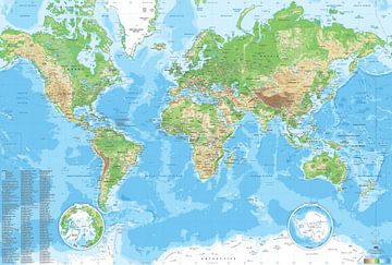 Kaart van de wereld in reliëf (2025) van MAPOM Geoatlas