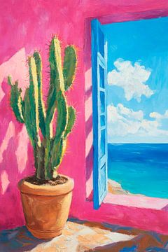 Cactus met uitzicht op zee en blauw raam van Poster Art Shop