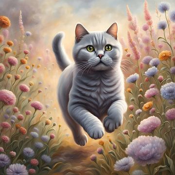 Britse Korthaar kat speelt in een bloemenveld van Johanna's Art