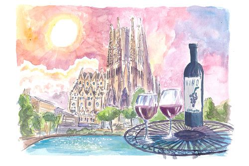 Enchanted Barcelona Spain with Sagrada Familia and table at Placa de Gaudi