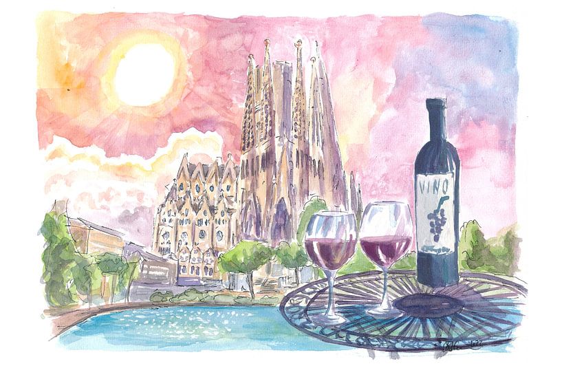 Enchanted Barcelona Spain with Sagrada Familia and table at Placa de Gaudi by Markus Bleichner