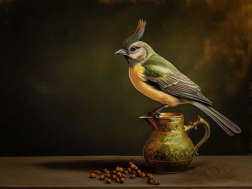 Vogel auf goldener Gießkanne -1