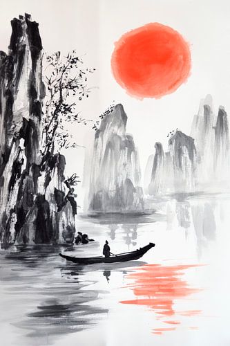 Rustig waterlandschap bij zonsondergang