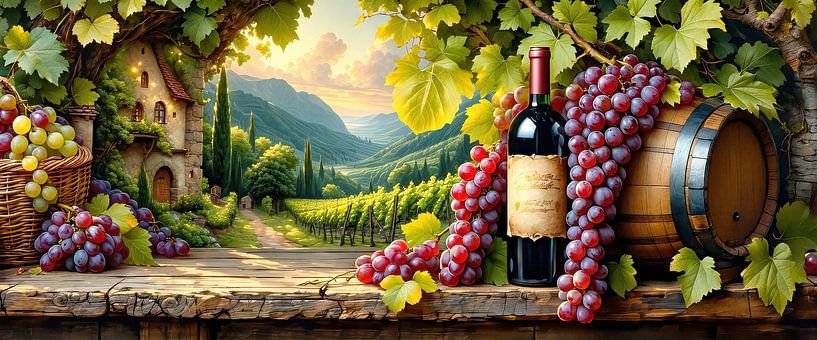 Red wine and vineyard as a mirror of time - a still life about pleasure and transience by AidasignArt