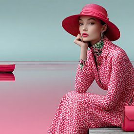 Portrait de mode surréaliste en rose avec un bateau et un arbre en fleurs sur May