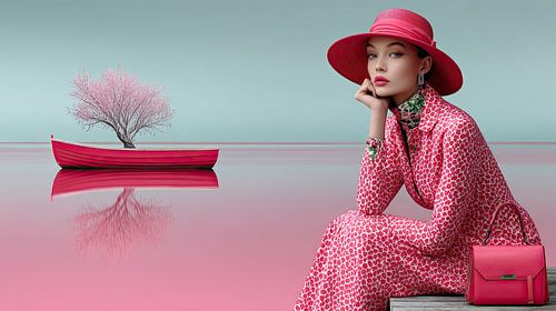 Portrait de mode surréaliste en rose avec un bateau et un arbre en fleurs sur May