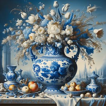 Still life; Delft blue vase with white and blue flowers