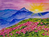 Roze bloemen voor blauwe bergen van Djillie Roes thumbnail