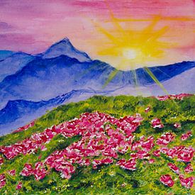 Roze bloemen voor blauwe bergen van Djillie Roes