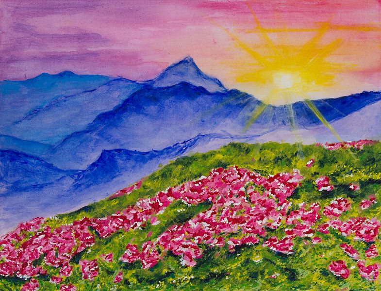 Roze bloemen voor blauwe bergen van Djillie Roes