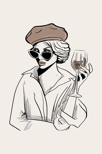 Chic Wine Woman Poster – Minimalistische Illustratie – Thuisbar Decor – Stijlvolle Wanddecoratie met Parijse Flair