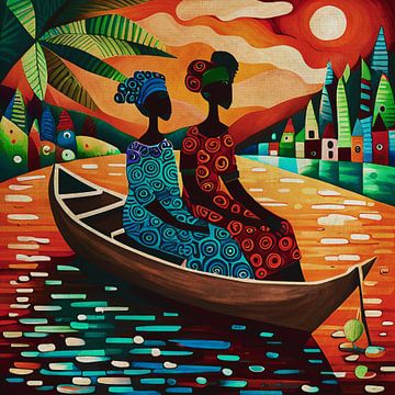 Afrikanische Frauen auf der Straße in einem Boot