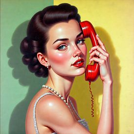 Vintage Elegance Woman and Red Phone by Jan Keteleer