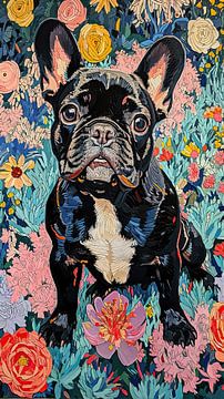 Bulldogge Kunstwerk | Bunte Flora von Wunderbare Kunst