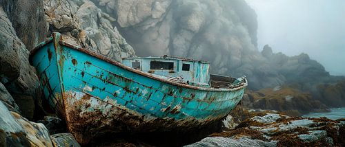 Rusty boat on the rocks - foggy atmosphere