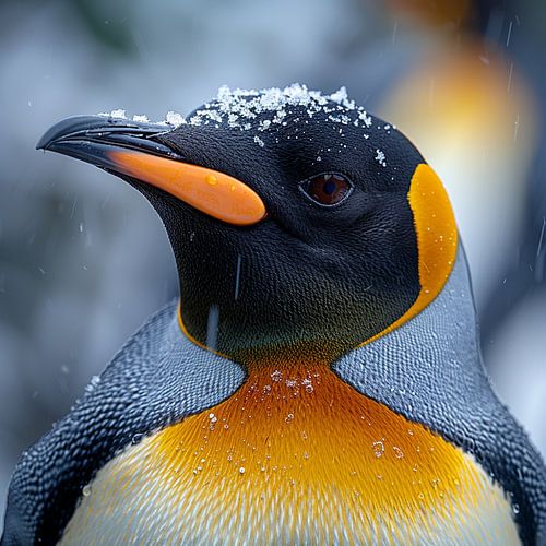 Gros plan sur un manchot royal sous la neige