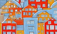 Maisons rouges, orange et bleues