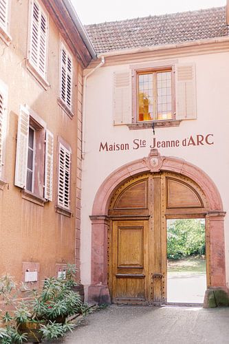 Pink Maison in France with wooden door | Houses in Europe travel photography | Pastel photo print