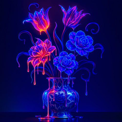 Neon Bloei – Delfts blauw bloemen kunstwerk in glow tinten