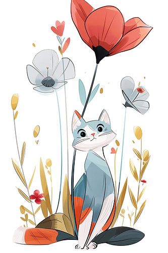 Rencontre féline avec un coquelicot rouge