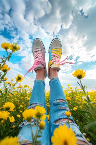 Kleurrijke sneakers in een bloemenveld