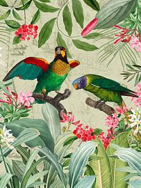 Bunte nostalgische exotische Papageien in einem tropischen Dschungel 2 von Floral Abstractions