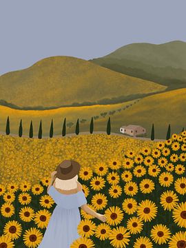 Vrouw in zonnebloem veld van Yvette Baur